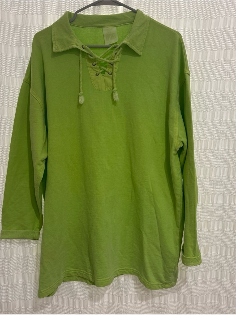 Woman’s Hot Cotton Lime Green Lace-Up Collar Long Sleeve Shirt. Size L.